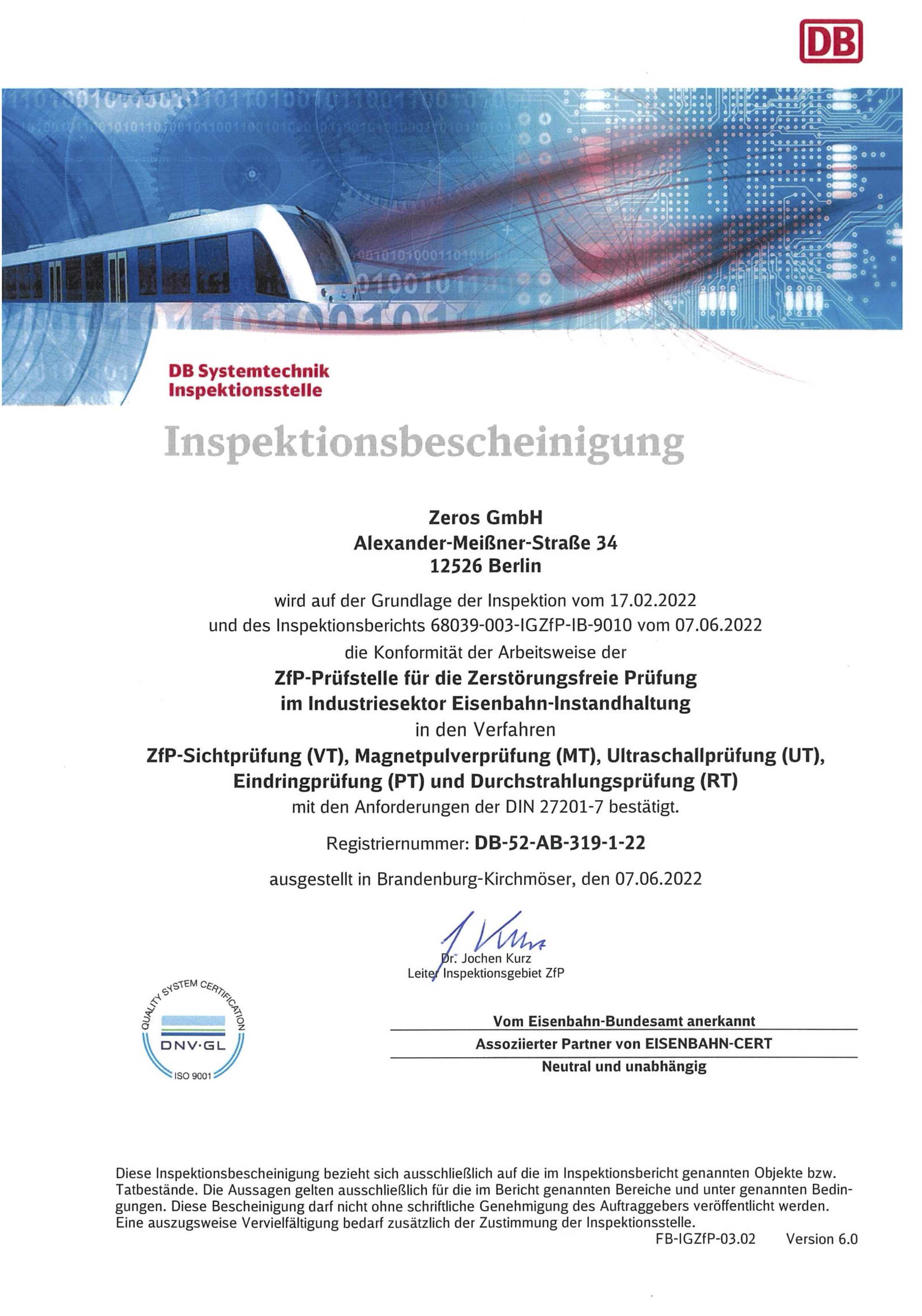 Bahn Inspektionsbescheinigung