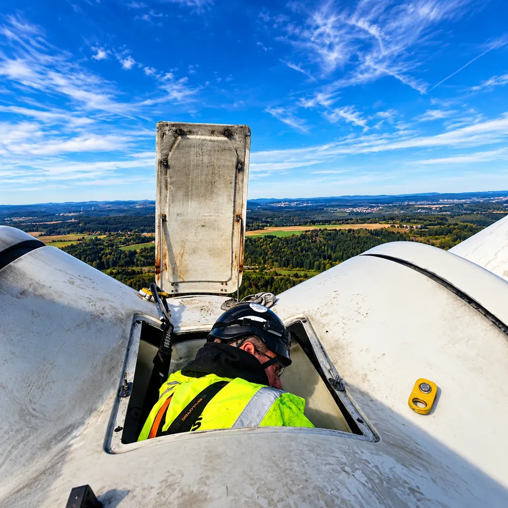Prüftechniker beim Einstieg in die Rotorblattnabe einer Windenergieanlage